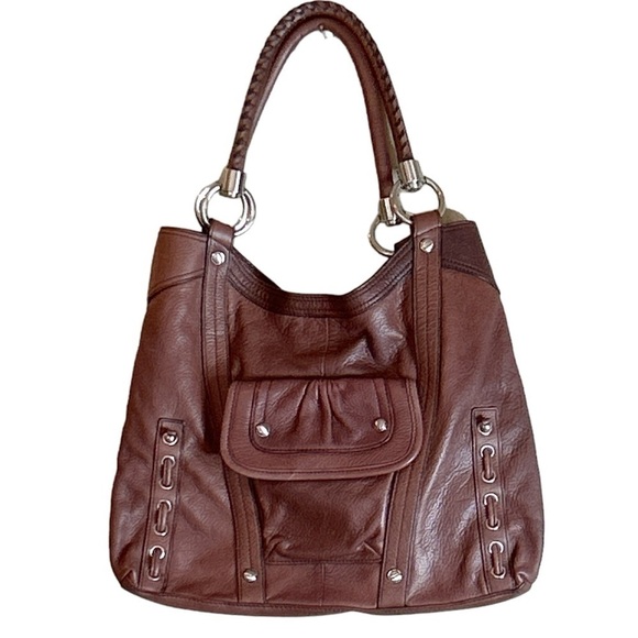 B Makowsky Large Hobo Front Pocket Double Strap Brown Leather Bag Silver Accents - Picture 9 of 9